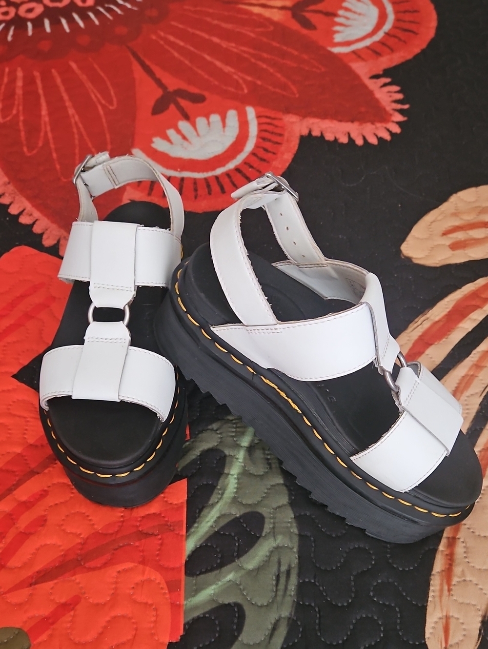 Dr. Martens White Platform Francis Strap Sandals with Black Sole - Size 6